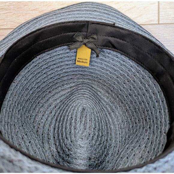 Vintage Haband Gray Straw Fedora Hat Blue Striped Hatband Made in USA Medium 22" - Picture 9 of 10